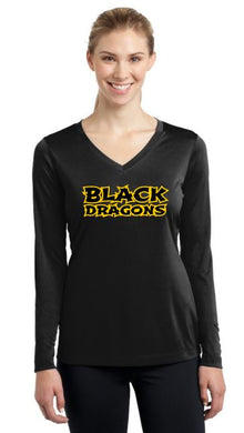 Black Dragons Words Ladies Cooling Performance Long Sleeve V-Neck T-Shirt